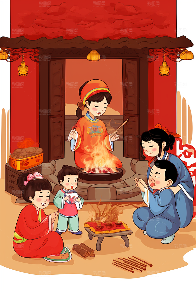 新春迎灶王中国风手绘插画