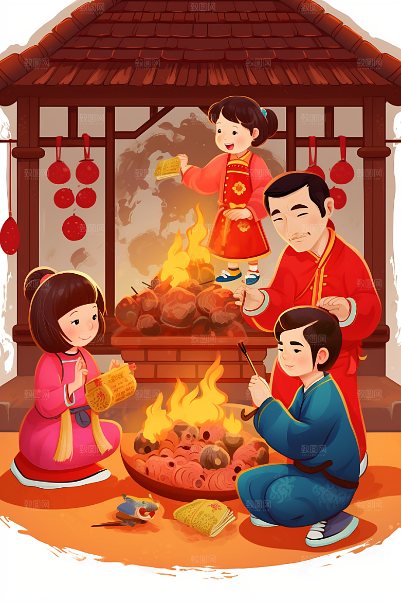 新春迎灶王红色民俗插画