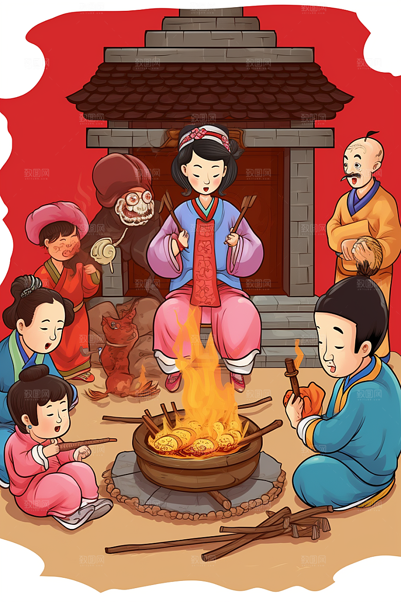新春迎灶王民俗喜庆插画
