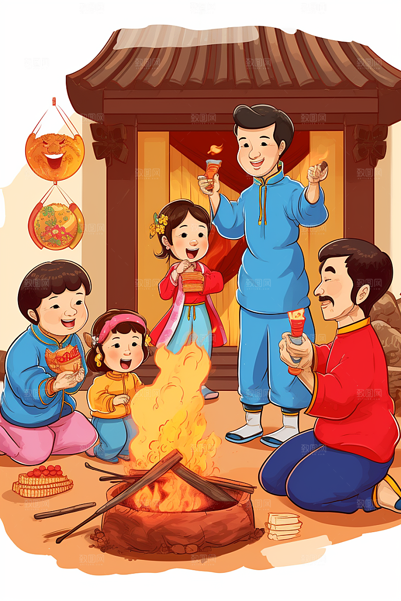 新春迎灶王红色喜庆插画