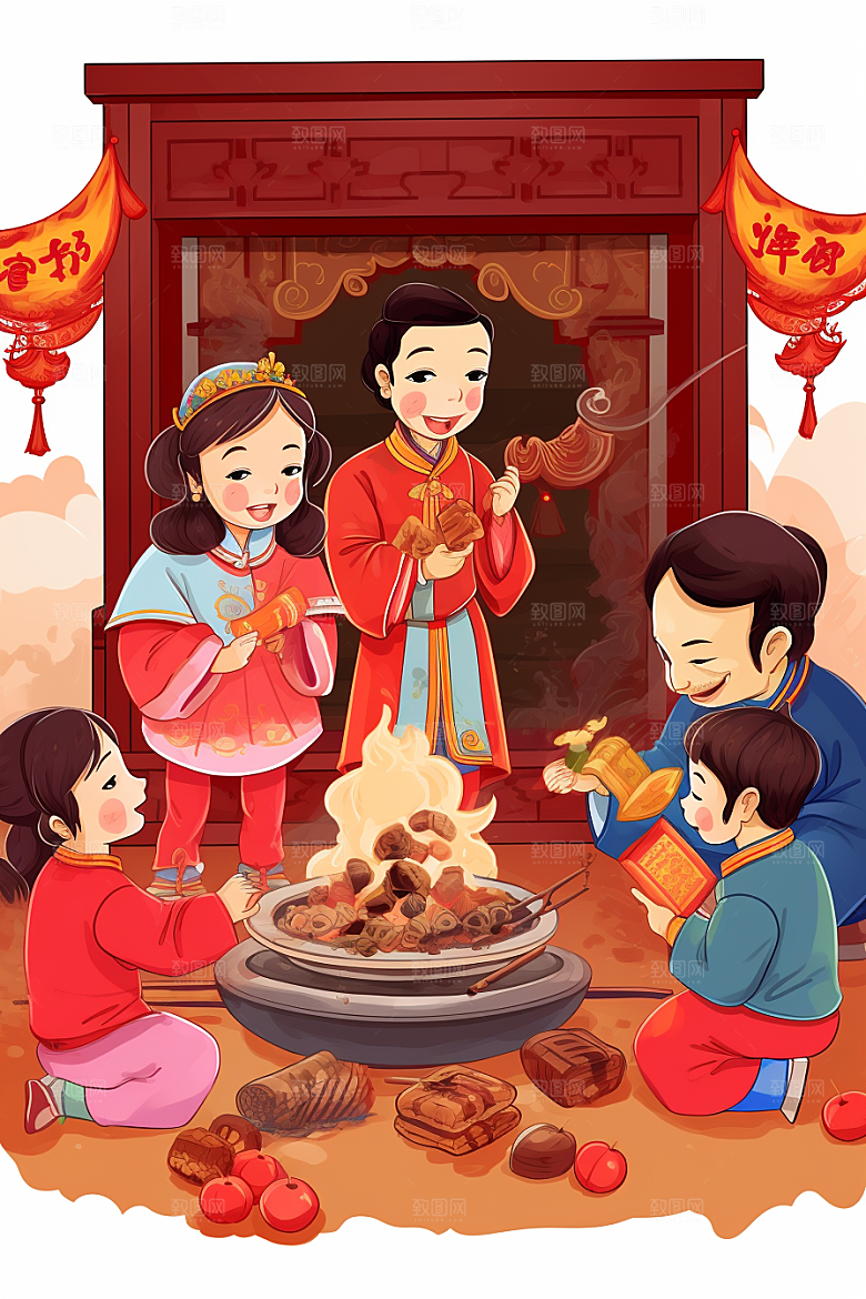 新春迎灶王喜庆民俗插画