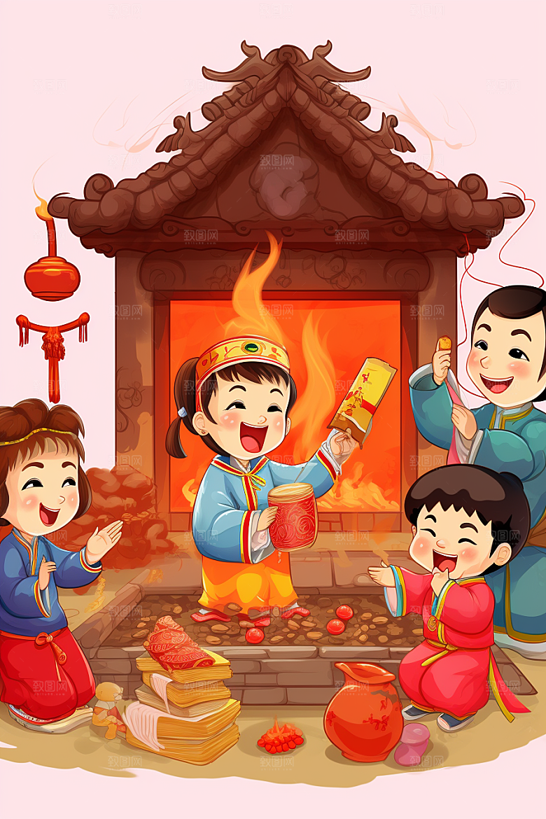 新春迎灶王红色春节插画