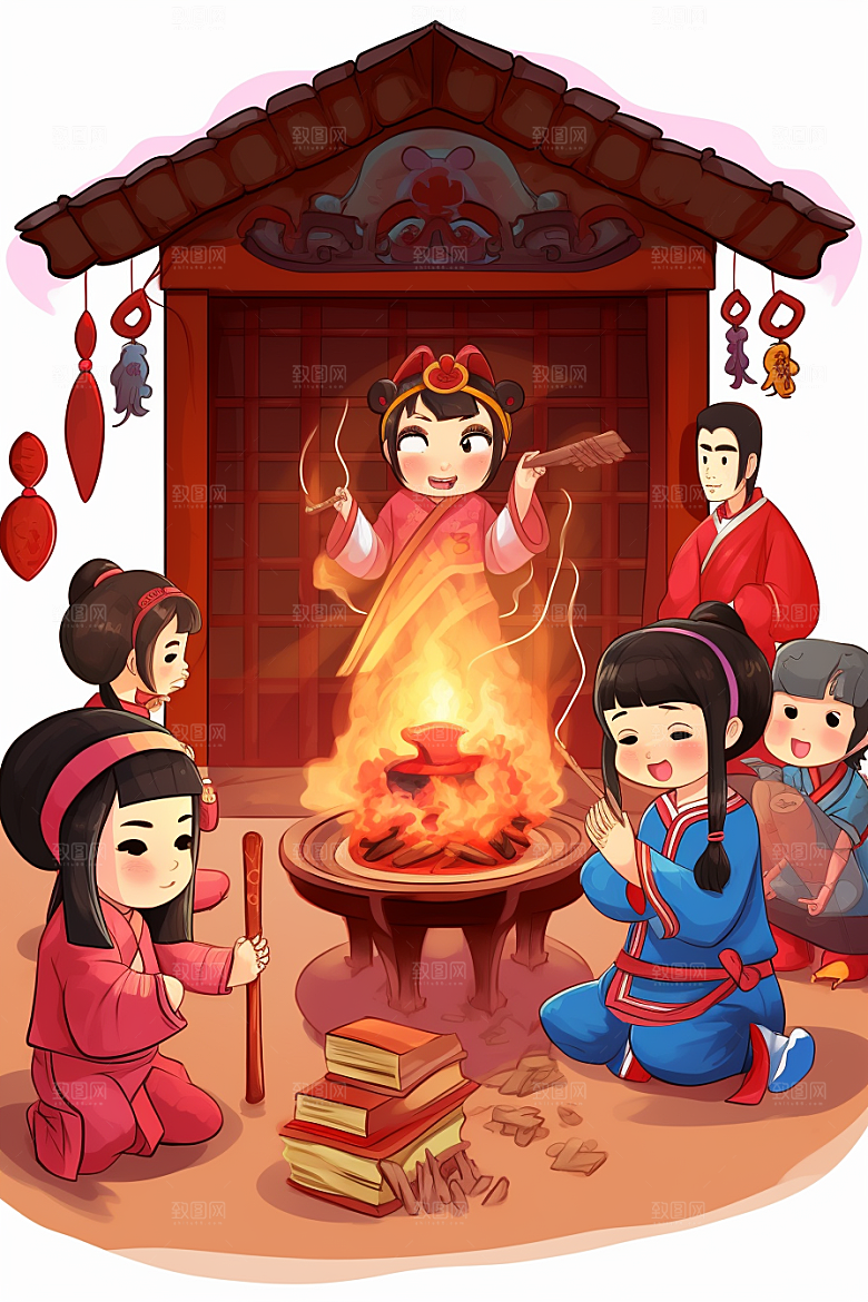 新春迎灶王传统喜庆插画