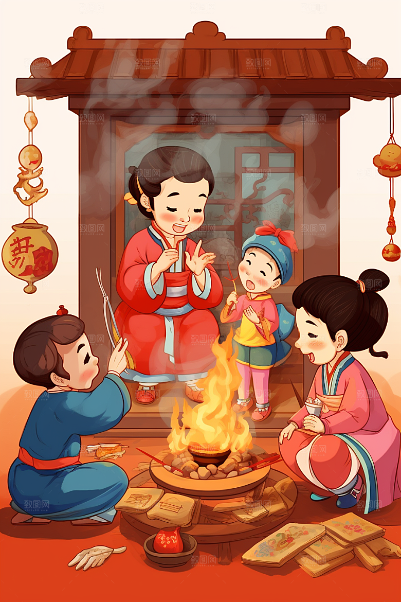 新春迎灶王传统中国风插画