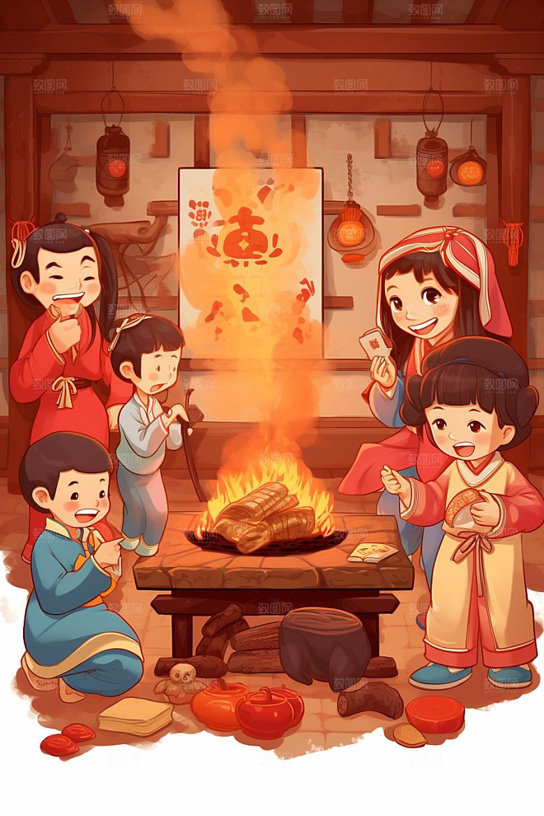 新春迎灶王手绘中国风插画