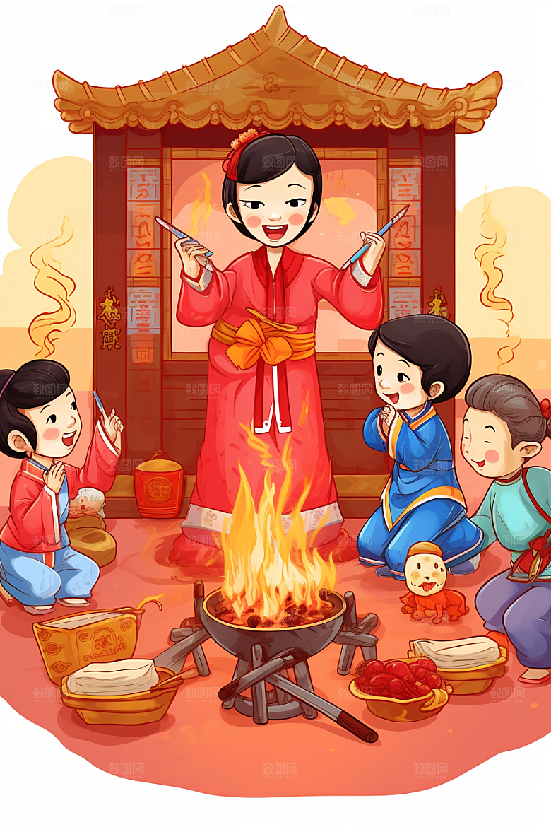 新春迎灶王中国风民俗插画