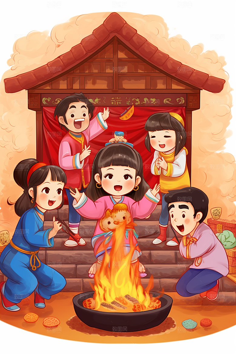 新春迎灶王小年民俗插画