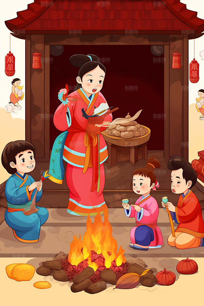 新春迎灶王新年传统插画
