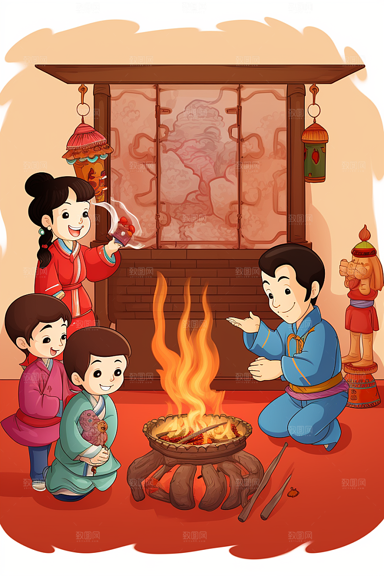 新春迎灶王手绘小年插画