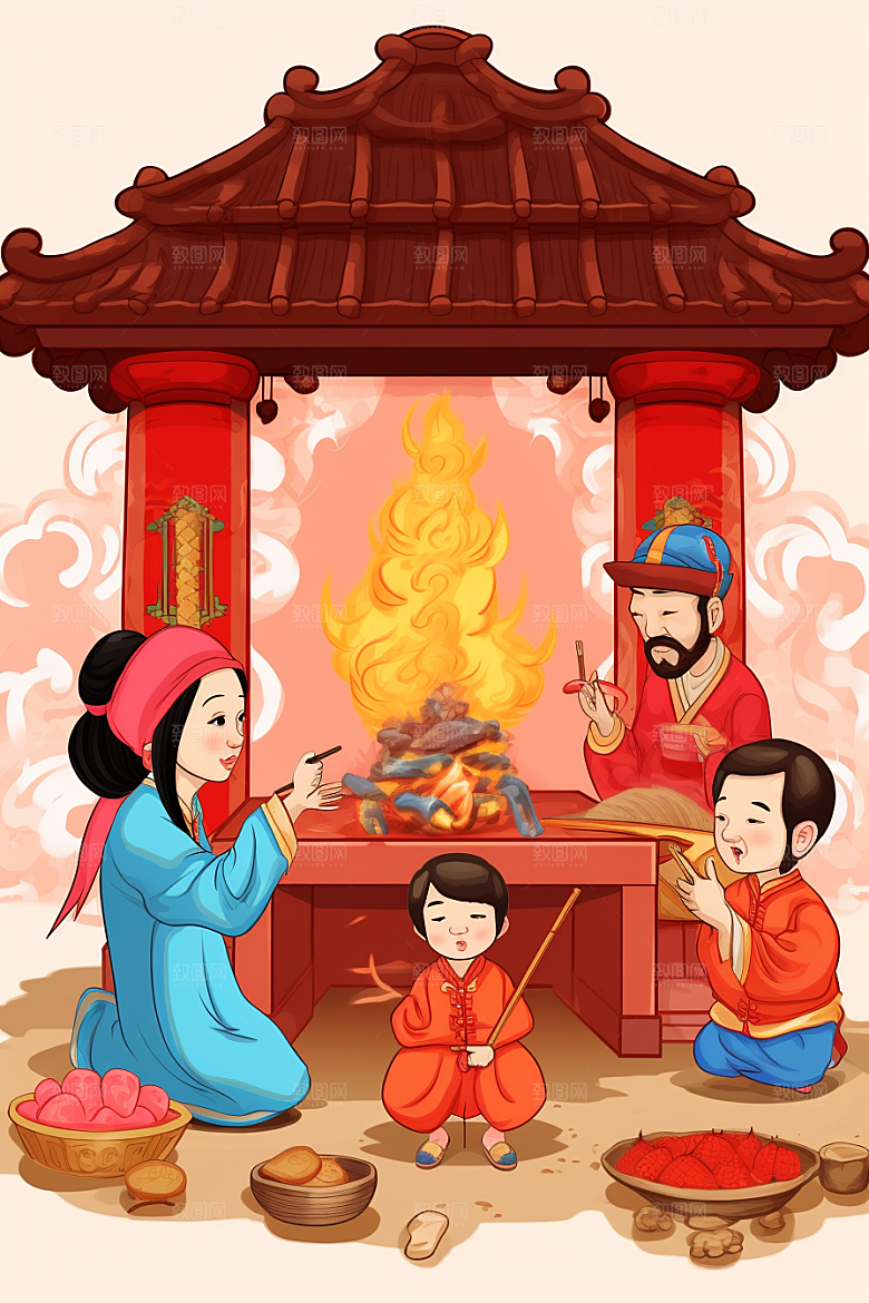 新春迎灶王传统中国风插画