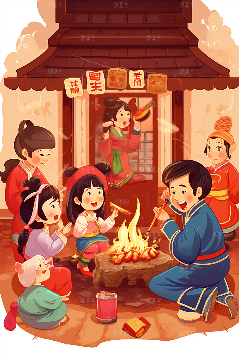 新春迎灶王新年小年插画