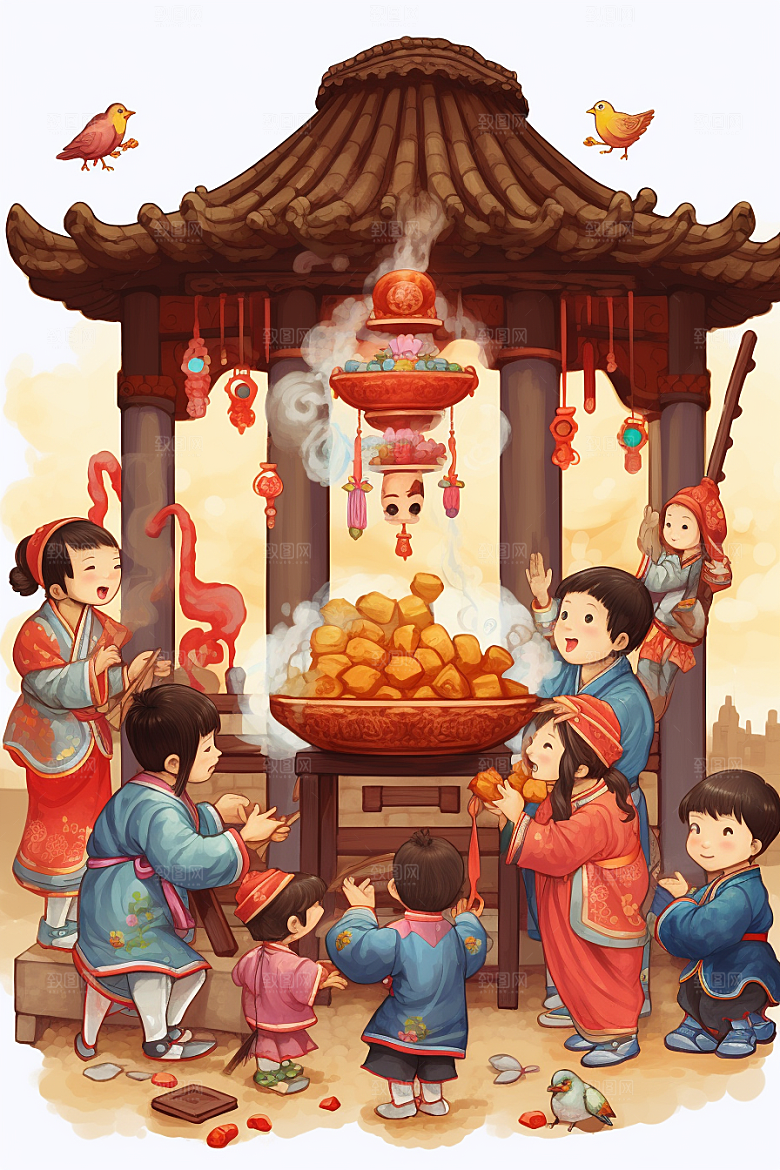 新春迎灶王传统民俗插画