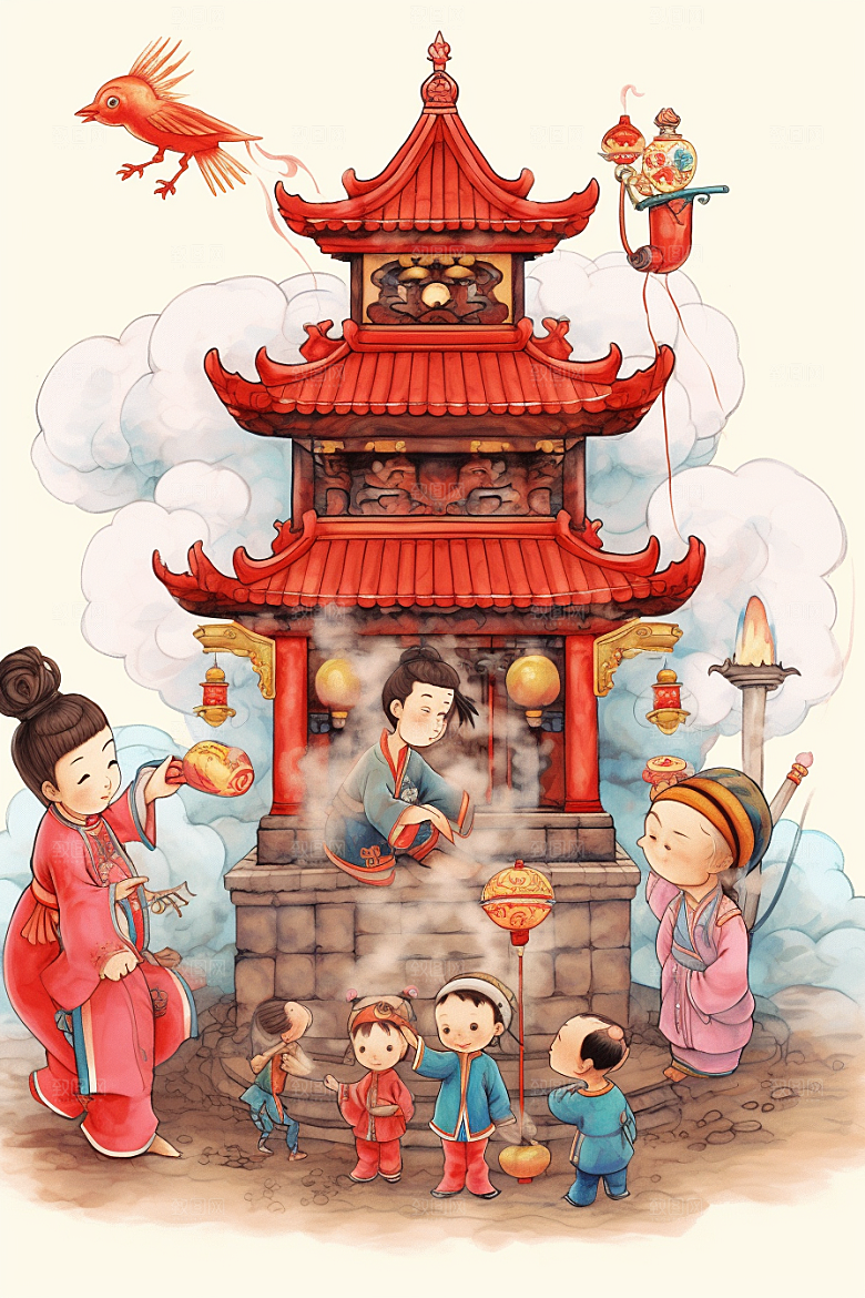 新春迎灶王红色传统插画