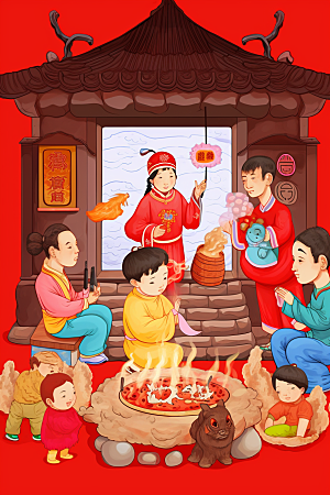 新春迎灶王春节传统插画