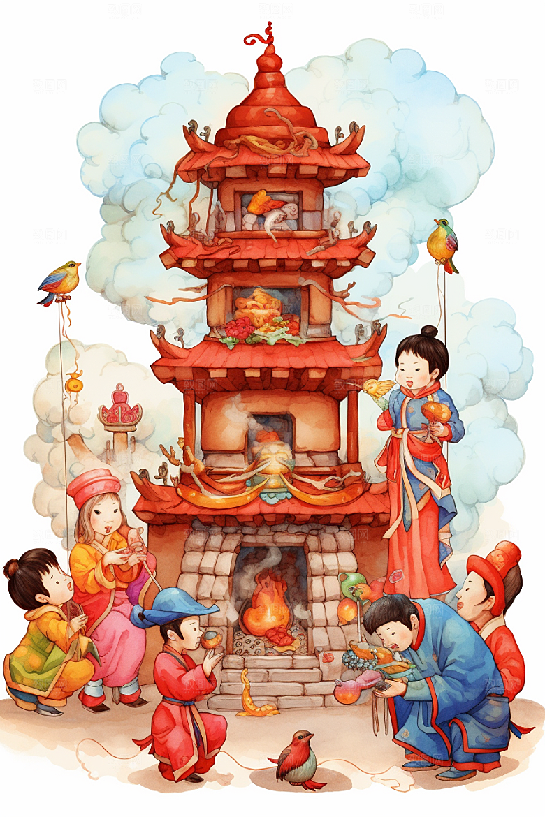 新春迎灶王新年中国风插画