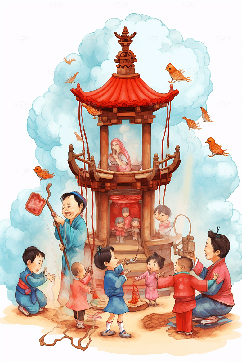 新春迎灶王手绘红色插画