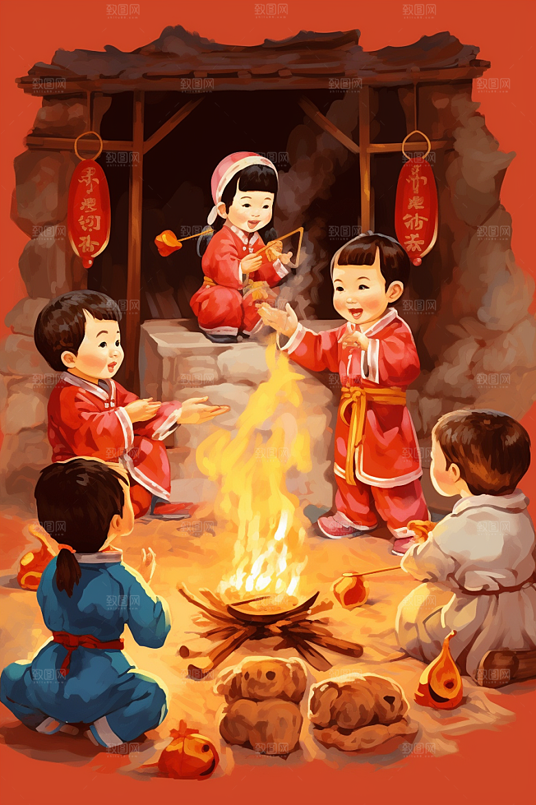 新春迎灶王民俗传统插画