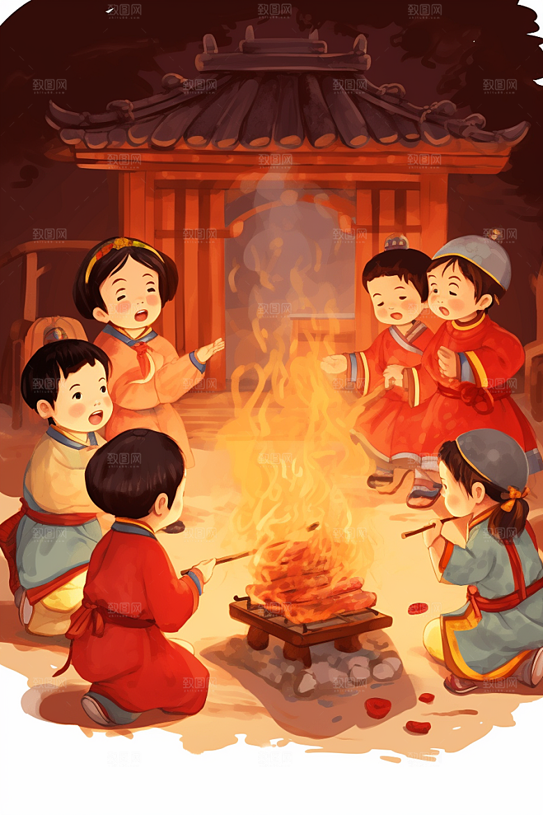 新春迎灶王中国风传统插画