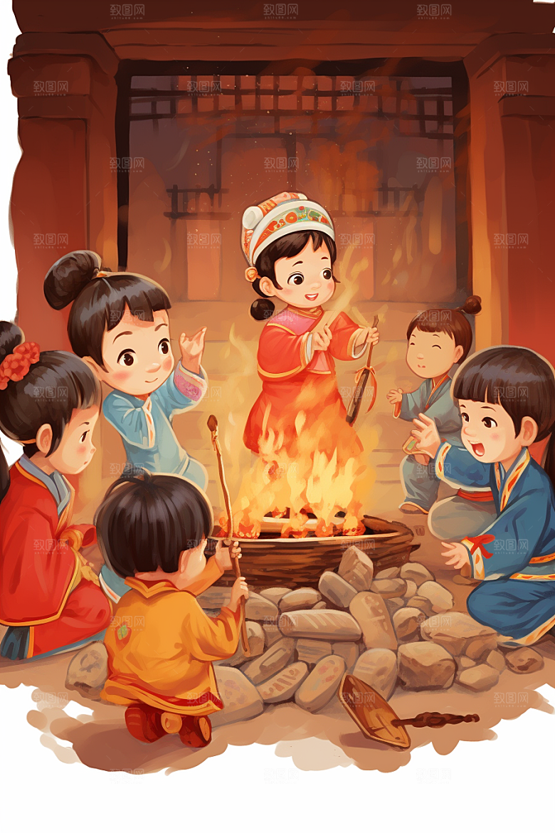 新春迎灶王手绘喜庆插画