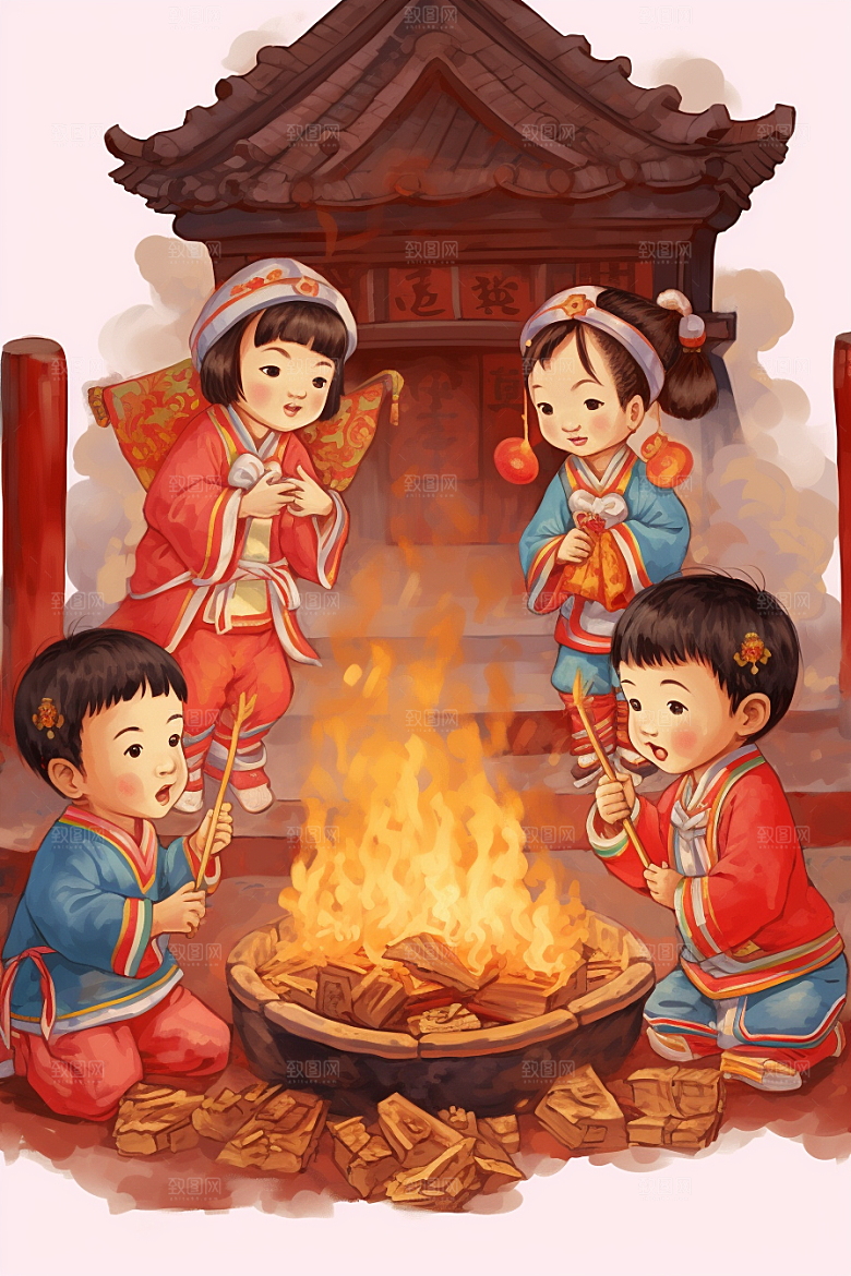 新春迎灶王红色传统插画