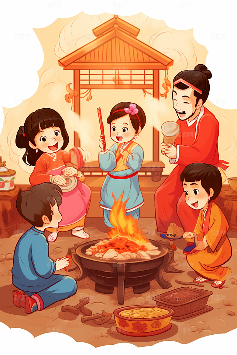 新春迎灶王小年喜庆插画