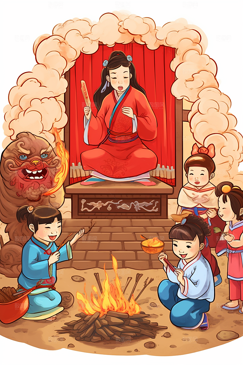 新春迎灶王中国风红色插画