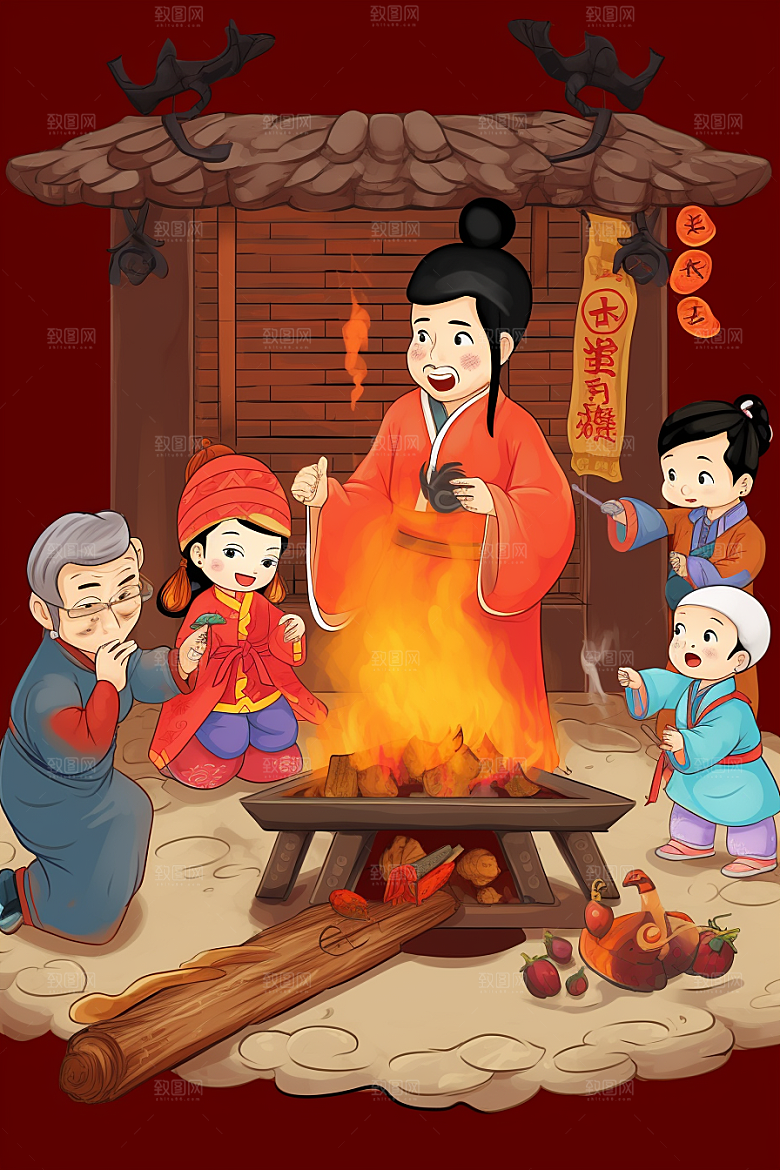 新春迎灶王喜庆春节插画