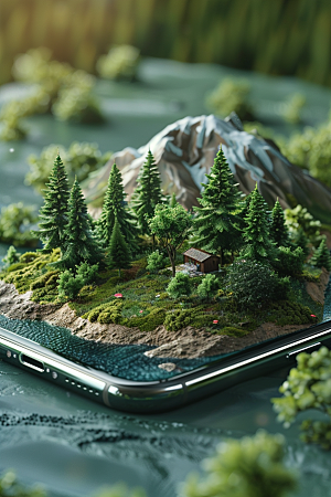 手机VR山水数码设备自然模型