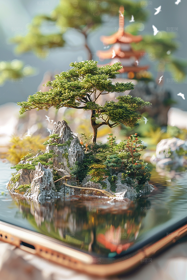 手机VR山水数码设备自然模型