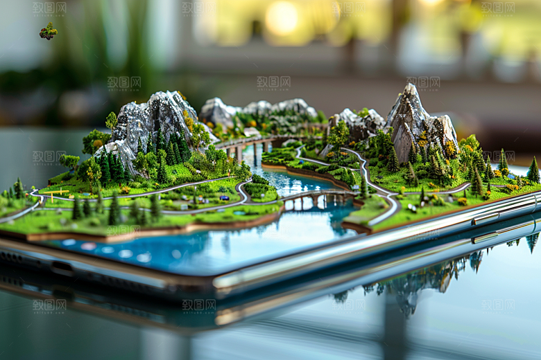手机VR山水超现实数码设备模型