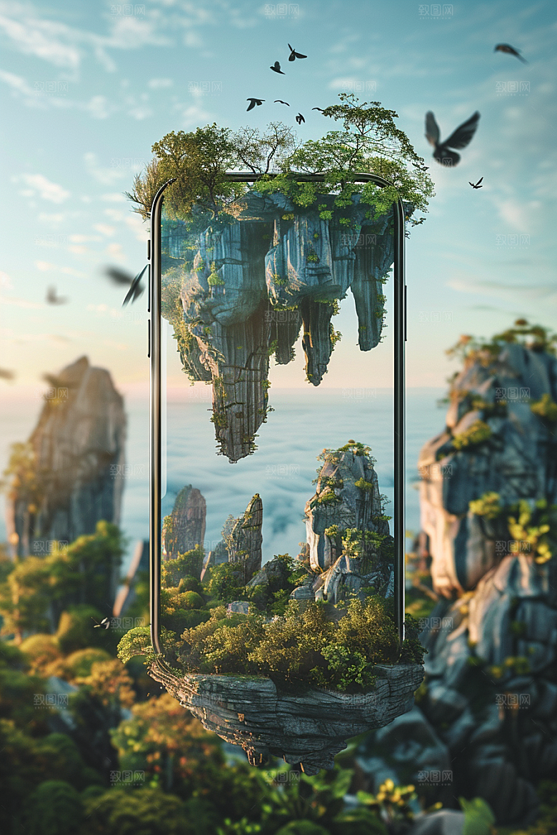 手机VR山水幻想风立体模型