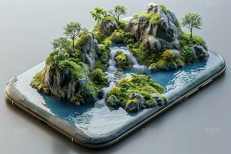 手机VR山水幻想风立体模型