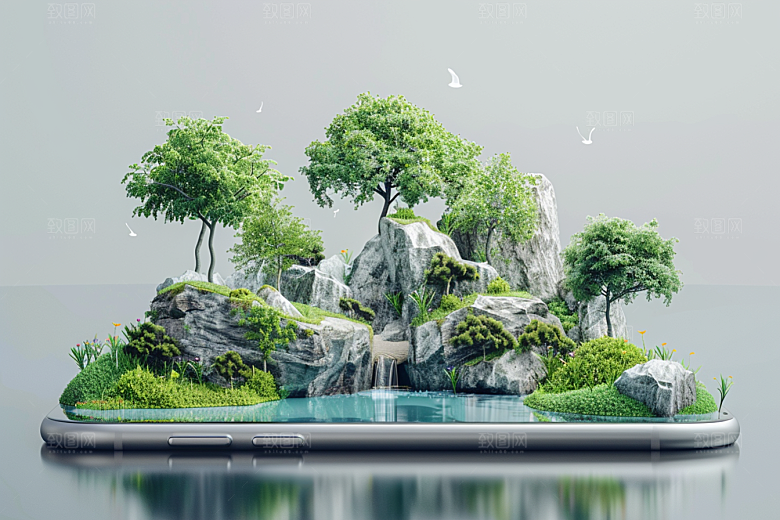 手机VR山水未来科技模型
