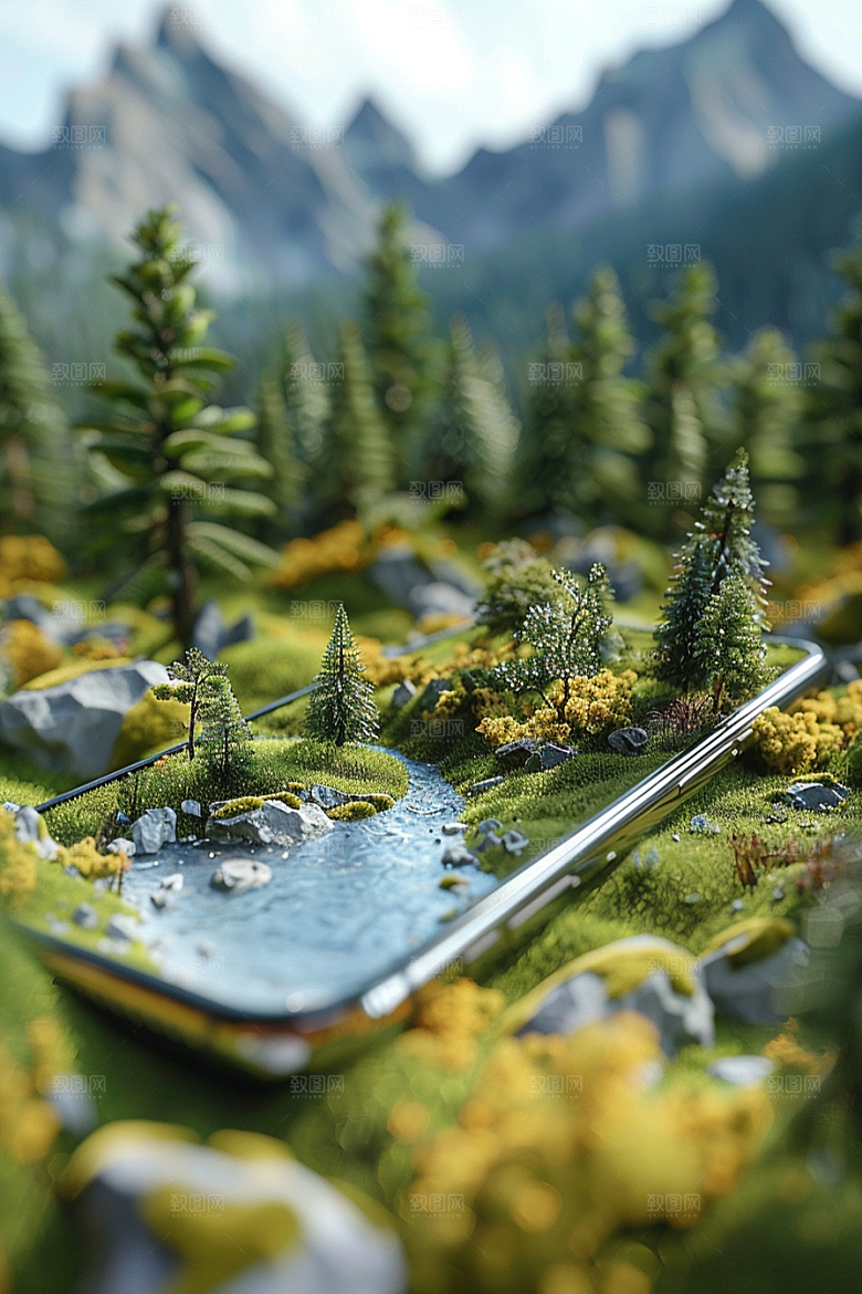 手机VR山水未来自然模型