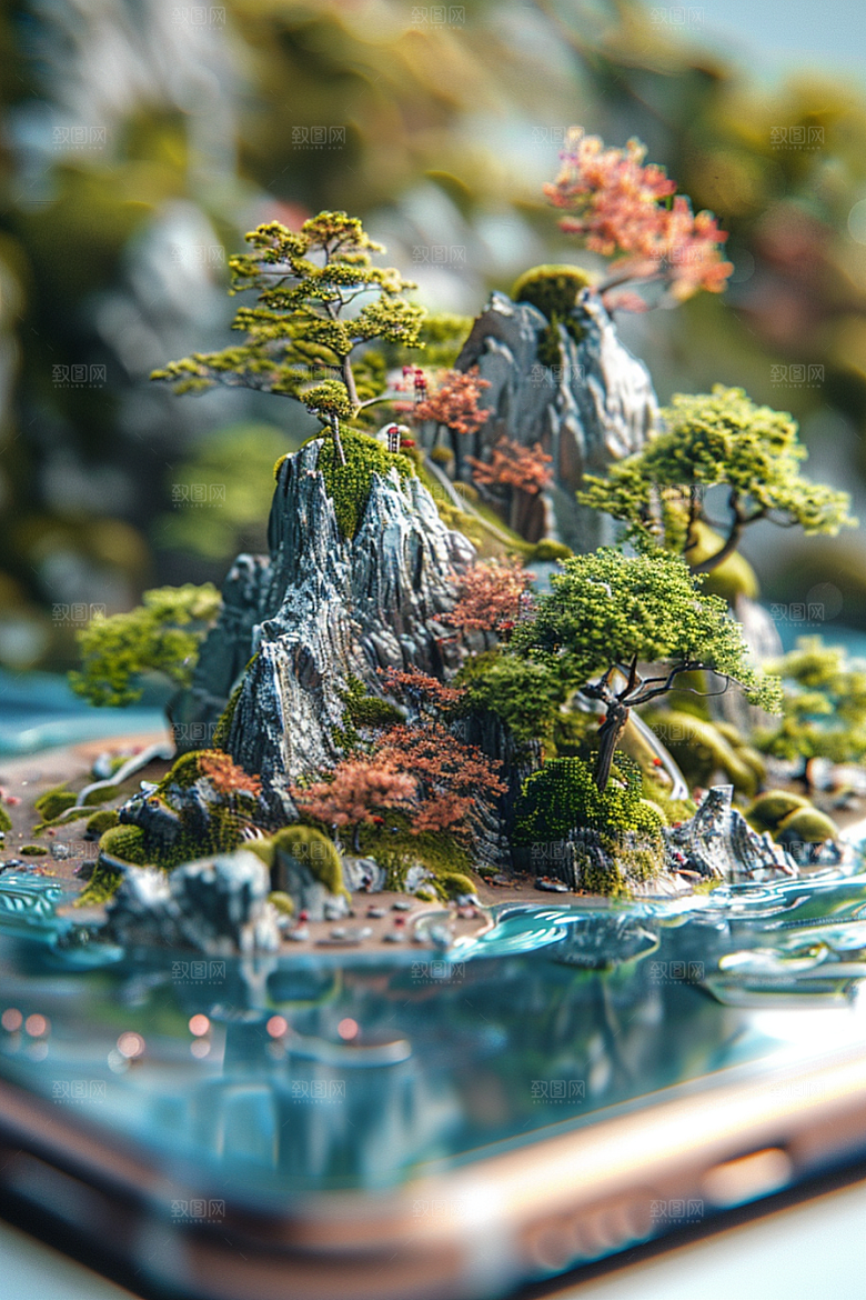 手机VR山水幻想风立体模型