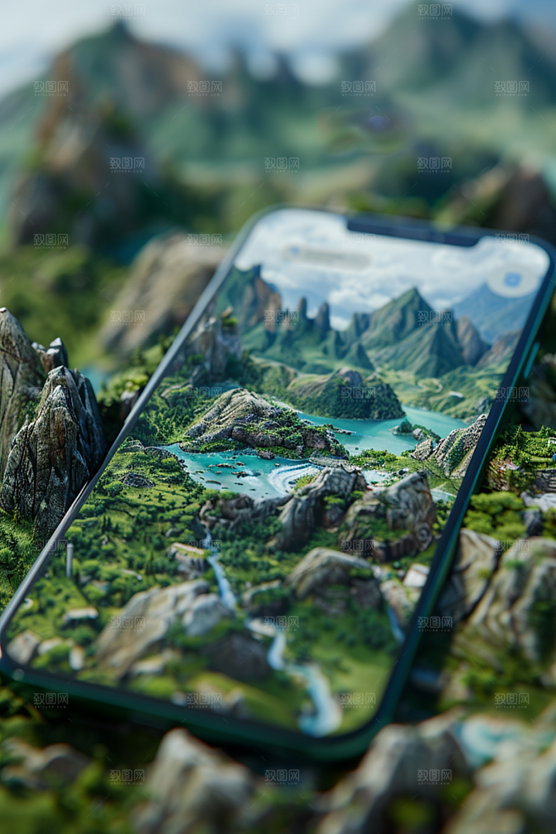 手机VR山水自然未来模型