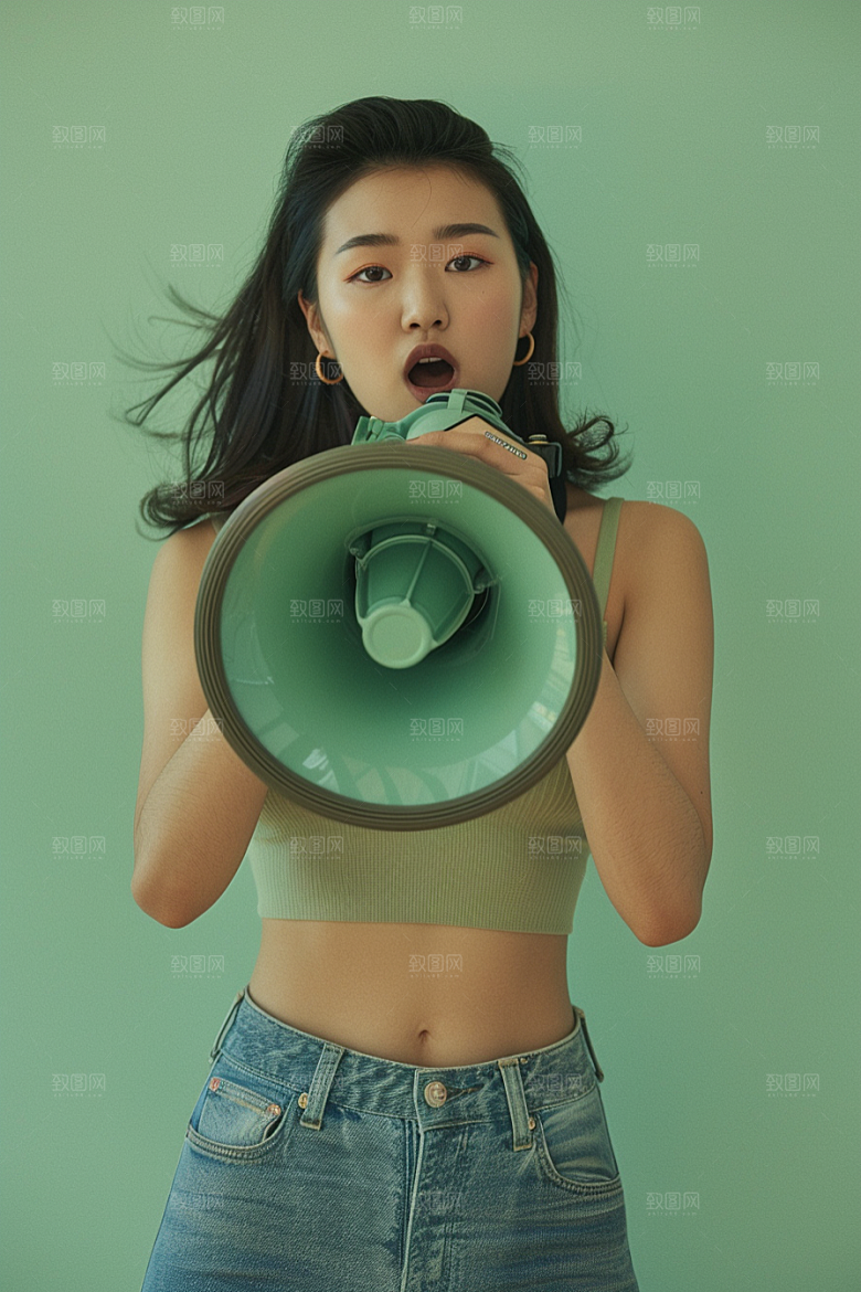 手拿喇叭人像大卖促销摄影图