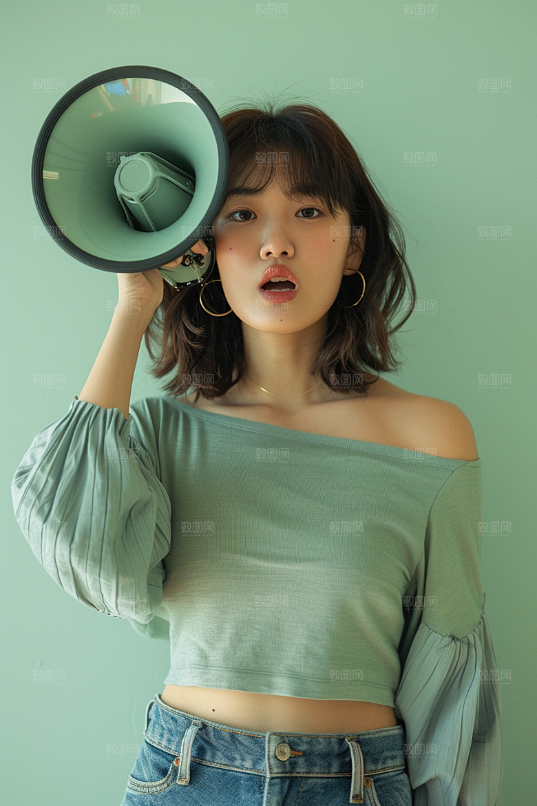 手拿喇叭人像喊话促销摄影图