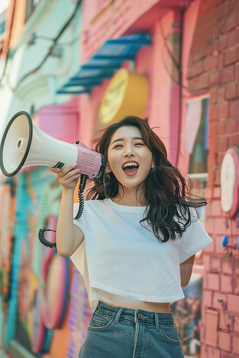 手拿喇叭人像喊话促销摄影图