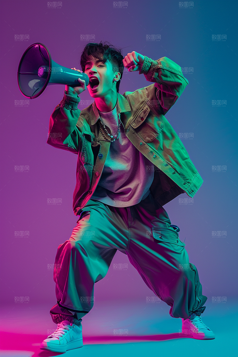 手拿喇叭人像热卖喊话摄影图