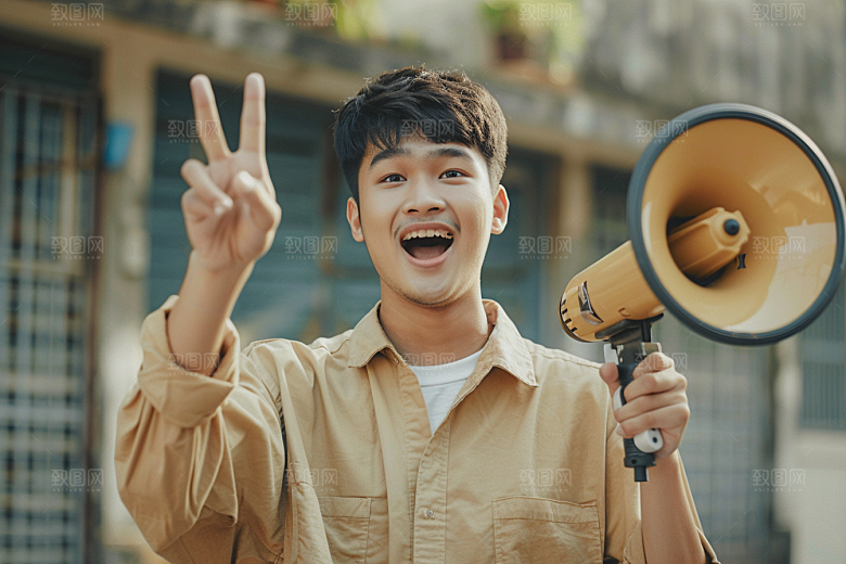 手拿喇叭人像公告喊话摄影图