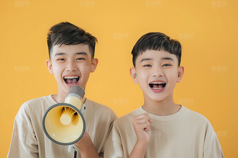 手拿喇叭人像时尚促销摄影图