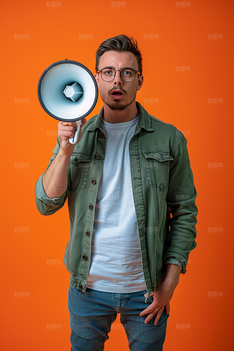 手拿喇叭人像时尚公告摄影图