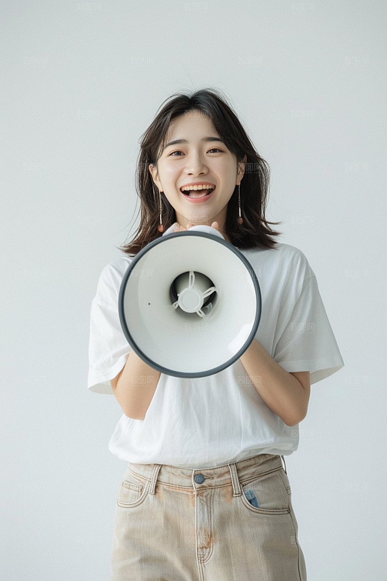 手拿喇叭人像写真大卖摄影图