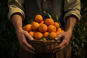 橙子采摘水果果篮摄影图