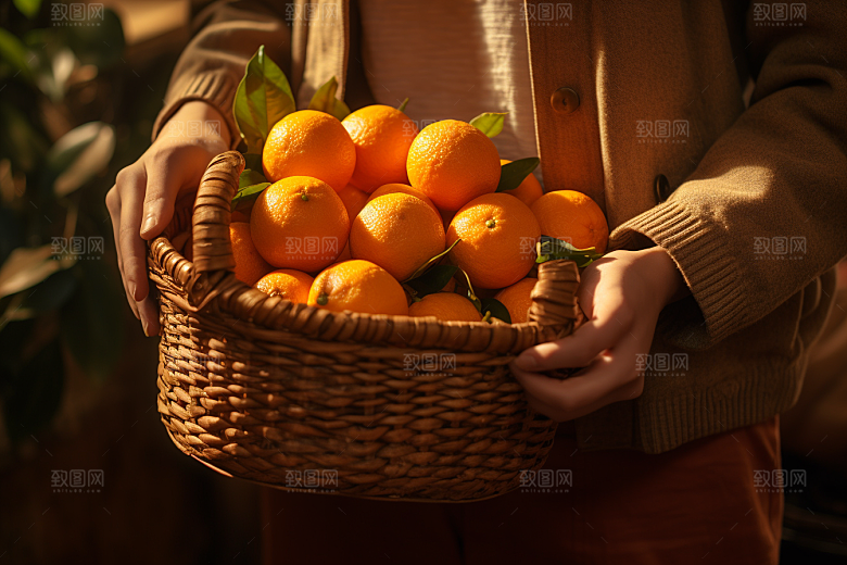 橙子采摘果品果篮摄影图