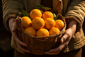 橙子采摘富含维C果篮摄影图