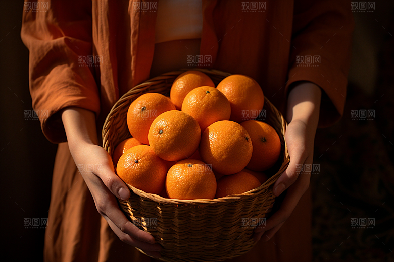 橙子采摘富含维C果篮摄影图
