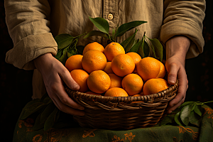 橙子采摘新鲜果篮摄影图