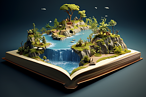 书本创意岛屿自然3D素材